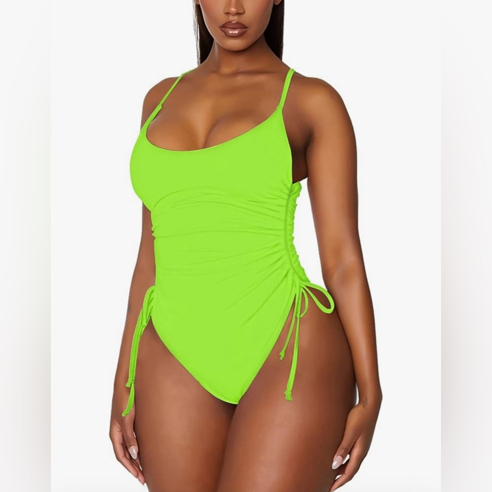 Neon Green One Piece Swimsuit with Cinch and Ties on Hips - Size L